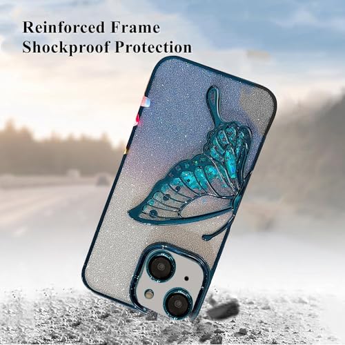 Image of mobistyle Designed for iPhone 14 Plus Cover with Glitter Cute Butterfly Electroplating Design Back Cover Case for Women Teen Girls (Blue)