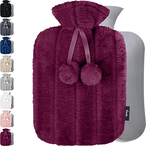 Wärmflasche mit Bezug - Weicher Premium Flauschig Bezug - 1,6l groß Wärmeflasche mit Bezug mit Pompons - Wärmflasche Kinder, Bettflasche für Erwachsene, Schmerzlinderung Rücken - Violett Cover