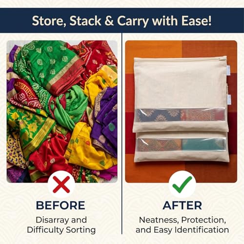 Image of PrettyKrafts Cotton Saree Bags /Covers For Storage Set Of - 24 Big Size Single (16 X 15 Inches) With Zip Closure For Clothes Bags And Wardrobe Organizer With Transparent Mesh Window