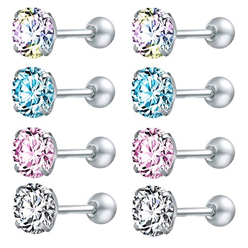 4 Pairs Shiny Cubic Zirconia Surgical Steel Stud Earrings Tragus Helix Conch Piercing Cartilage Sets (Round,Stone:7mm)