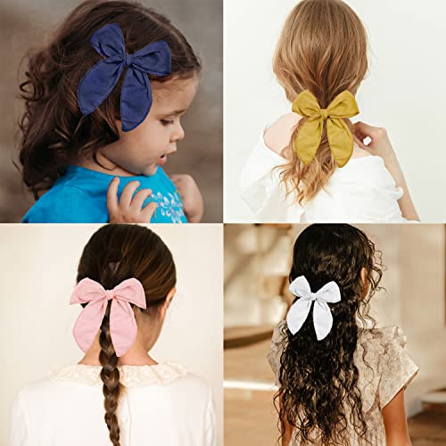 8 Pieces Large Fable Hair Bows Cotton Linen Hair Bow Clips For Girls Toddler Bows Pink Bow Neutral Handmade Hair Accessories Hair Bows For Toddler Baby Kids Girls Women (Morandi Color) #TOP6