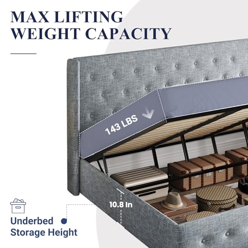 Allewie King Size Lift Up Storage Bed, Button Tufted Headboard with Wingback, Hydraulic Support, No Box Spring Needed, Grey Blue