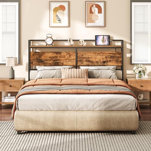 Image of HOOBRO Headboard Full Size, Headboard with 2 Outlets and 4 USB Ports, Adjustable Height, Storage Rack, Sturdy and Stable, Easy Assembly, Rustic Brown and Black