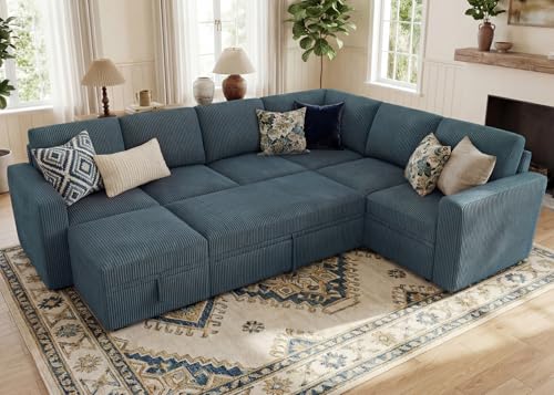Image of HONBAY Modular Sectional Sleeper Sofa, Corduroy Sleeper Pull-Out Bed Couch with Storage, U Shaped Sectional Couches for Living Room, Blue
