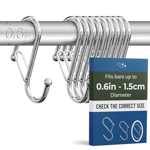 Blau Marité 10-Pack Metal S Hooks for Hanging – Heavy-Duty S-Shaped Hooks with Safety Buckle – Fits Bars up to 0.6 In – Anti-Drop Hook for Kitchen, Pot Racks & Towel Bars – Silver (Small)
