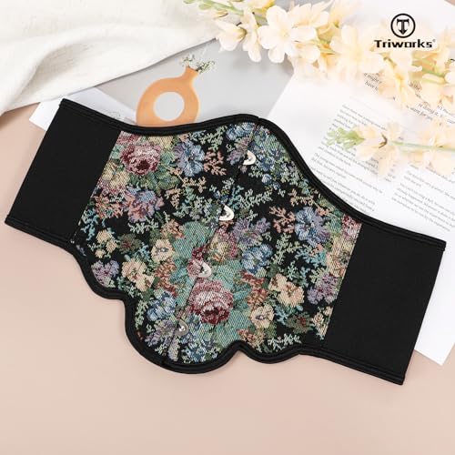 Women Elastic Corset Belt Renaissance Floral Printed Underbust Corset Wide Costume Stretch Waist Belt4
