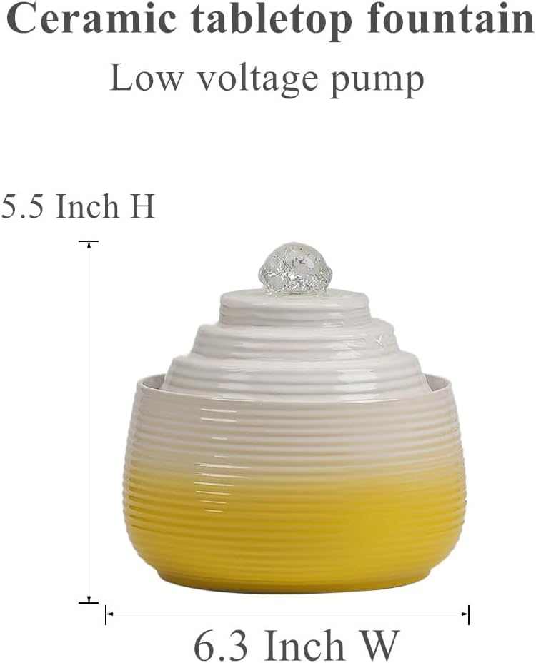 Indoor and Outdoor Fountain Water Feature Fall Ceramic Home Office Decoration mini Tabletop Desktop (Yellow with Ball S092)