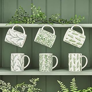 mysmartbuy.com 6 Piece Fern Leaf Mug Set  400ml Dishwasher & Microwave Safe Ceramic Fine China Tea, Coffee & Hot Chocolate Drinking Mugs  Green & White Botanical Design Drink Cups for Home & Office