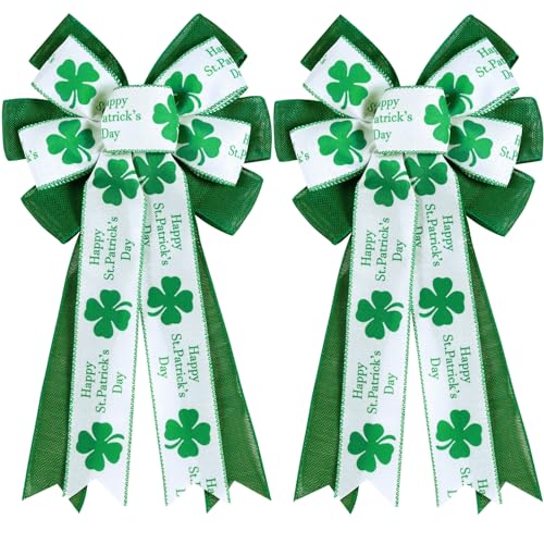 2 Pcs St Patricks Day Bows for Wreath Outdoor Decorations,St Patricks Day Tree Topper Bows,Large White Green Burlap Shamrock Bowknot Irish Holiday Crafts Bows for Front Door Decor