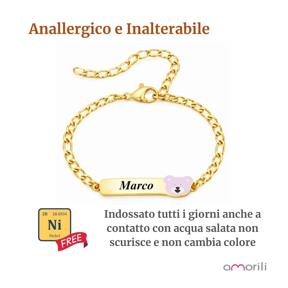 Bracciale Bimbo Bimba Personalizzato Personalizzabile con Incisione Nome in Acciaio Inox Dorato – Ciondolo Orsetto Smaltato – Braccialetto Bambino Bambina Regolabile – Idea Regalo