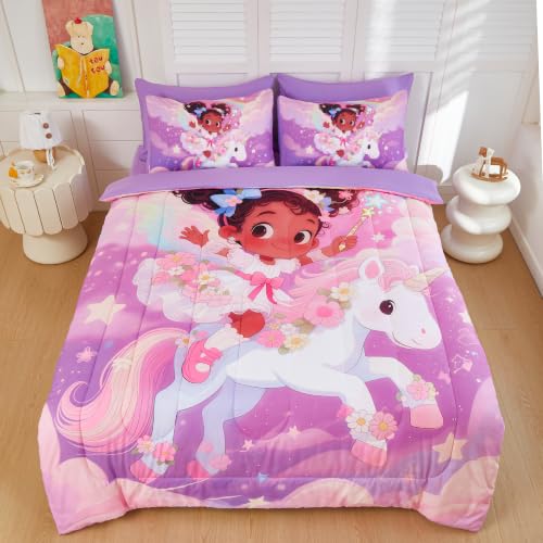Image of Twin Comforter Set for Girls 5 Piece Black Girl Unicorn Bedding Set for Girls, Super Soft Microfiber Bed Set African American Princess Bed in a Bag with Comforter Sheets Pillowcase & Sham