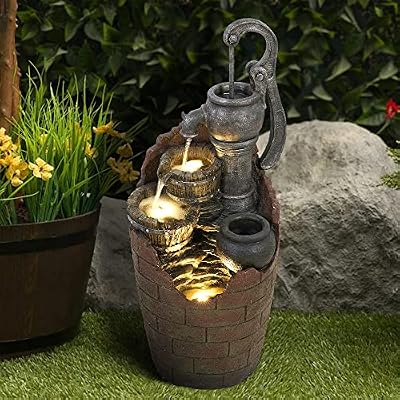 watnature 32.6” Tall Barrel Fountain with Adjustable Pump - 4-Tier Cascading Water Fountain Outdoor with LED Light&Charming Water Feature, Rustic Style Garden Waterfall Fountain for Indoor, Outdoor