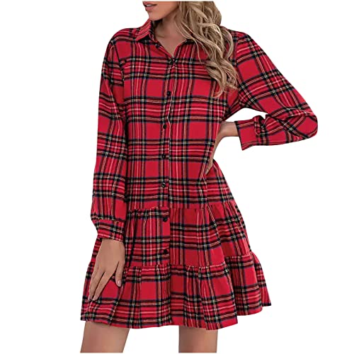 2022 Vestidos corto para Mujer, Moda camisa Vestido manga larga Tartán Impresión a cuadros Fiesta Vestidos Cuello en V Suelto Vestidos Botones Elegante Casual Vestido de Noche playa
