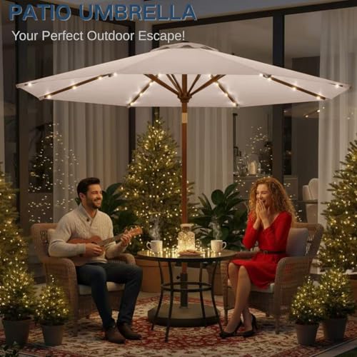 Image of 9' Solar LED Patio Umbrella with Tilt & Crank|8 Sturdy Ribs,UV Protection,Outdoor Market Table Umbrella for Deck,Lawn,Pool,Backyard(Beige)