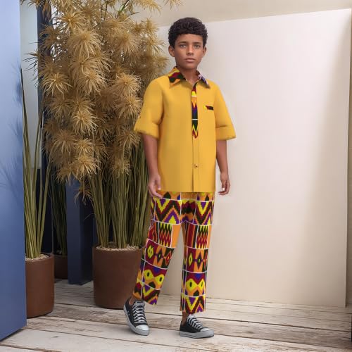 Image of XIAOHUAGUA African Clothes for Boy Kids African Outfit 2 Pcs Set Kente Print Shirt and Long Pants