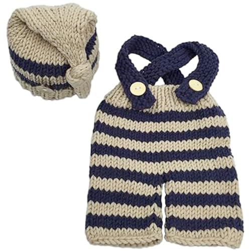 Image of BabyMoon Set of 2 | Knitted Suspender with Cap Hat | Photography Props Costume | Gift Set | 0-6 Months | Blue