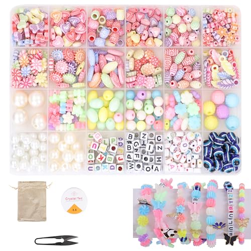 Image of ambitieux DIY Bracelet Making Kit - 700+ pcs24 Colorful Beads, 10m Elastic Thread, Jute Bag, and Cutter - Gift for Girls Birthdays (Multicolor Mix 2)