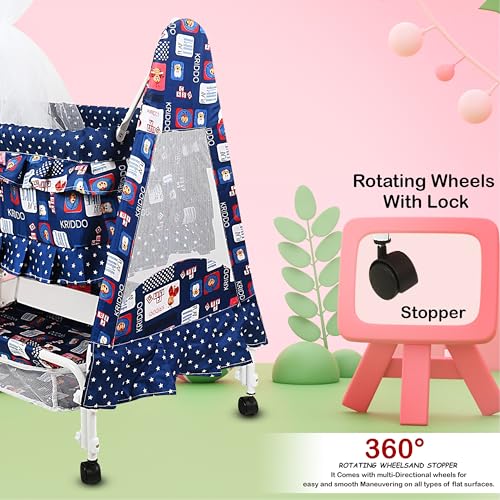 Image of New Born Baby Soft Seat Cradle with Swing and Mosquito Net, Four Wheels with Brake Lock for Swing Cradle /Jhula /Palna /Bed /Baby Safe for 0-2 Years (Dark Blue)