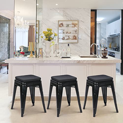 BUYUE Natural Linen Magnetic Bar Stool Cushions Set of 4, Enhanced Anti-Slip Breathable Small Chair Seat Pads for Café Bistro Stackable Metal Stools (Square, Black, 4 Counts)