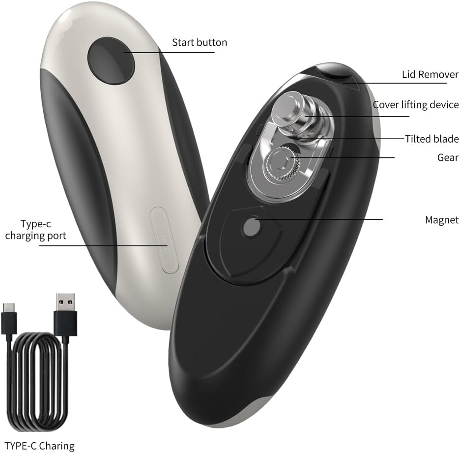 Electric Can Opener, One-Click Operation, USB Type-C Charging, White and Black