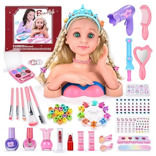 BuzzoXerex Poupée de Tête de Coiffure pour Enfants,Tête de Poupée de Maquillage pour Fille, 60 Pièces Ensemble de Coiffure Jouet Modèle Accessoires avec Autocollant pour Ongles et Rouge à Lèvres