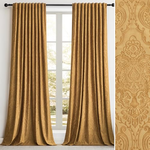 GIGIZAZA Velvet Curtains 96 Inch Long 2 Panels Brown Gold Vintage Drapes Floral Embossed Blackout Window Curtain for Living Room Back Tab Thermal for Bedroom
