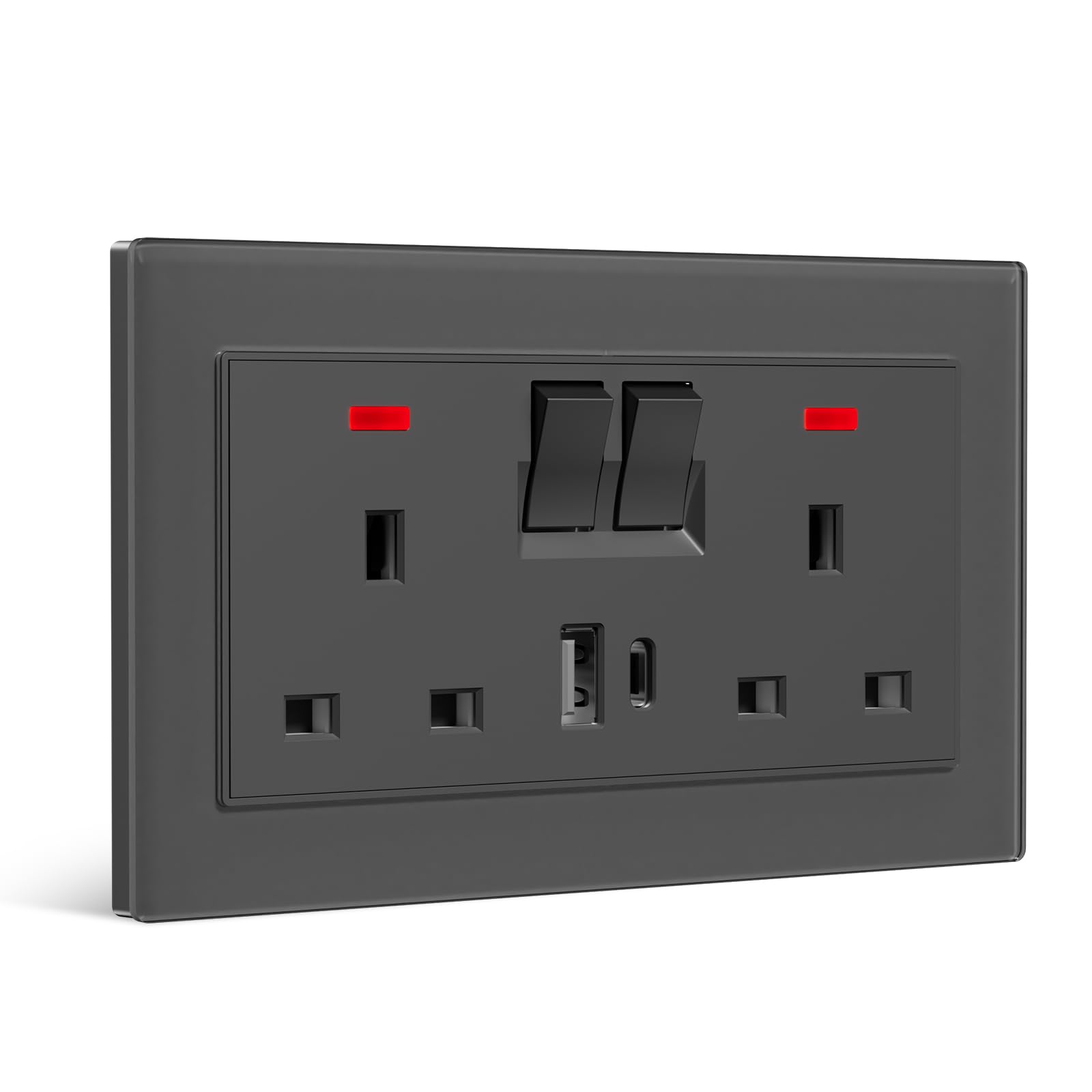 BSEEDLIFE Double Switched Wall Socket,Electric Plug Sockets Outlets with 20W USB/USB-C,13 A,Glass Panel Outlet Compatible with 3 Pin UK Standard Plug,146mm Grey