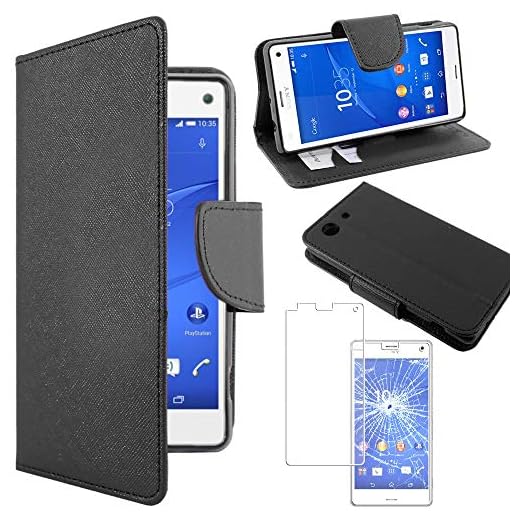 ebestStar – kompatibel med Sony Xperia Z3 Compact skal konstläder Wallet Case mobilfodral [PU läder], kortfack, ståfunktion, svart + pansarglas skyddsfolie [telefon: 127,3 x 64,9 x 8,6 mm, 4,6 tum]