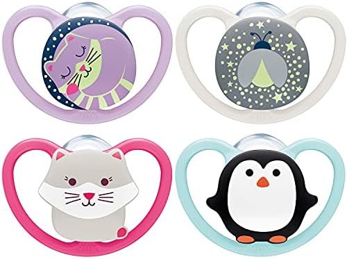 NUK Space Night & Day Baby Dummies | 18-36 Months | Glow-in-the-Dark Soothers with Extra Ventilation | BPA-Free Silicone | Blue | 4 Count