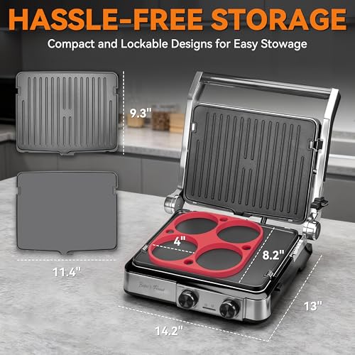 Baker's Friend 4-slice Panini Press Grill Cheese Sandwich Maker, Electric Grill Indoor with Temperature Setting, Opens 180 Degrees, Dual Non-stick Surfaces, 4-circle Silicone Mold, Reversible Plates by Baker's Friend - Image 8