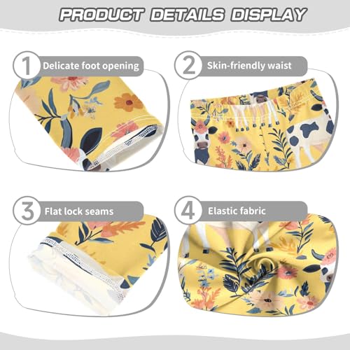 Wusikd Cows Flowers Girls' Leggings Toddler Doodles Boho Yellow Kids Yoga Pants Dance Active Tights 4T3