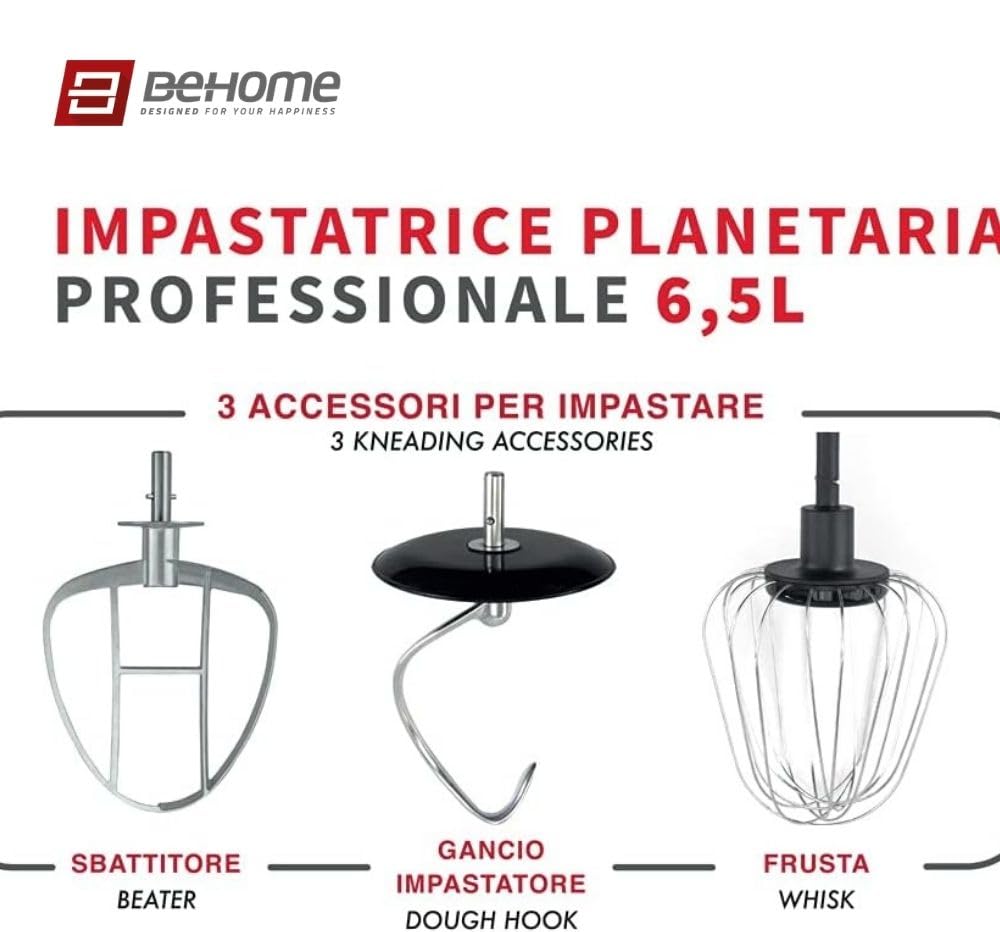 Behome Impastatrice Planetaria Professionale 6,5L Rosso | 10 Velocità, 2 fruste e 1 gancio per impastare