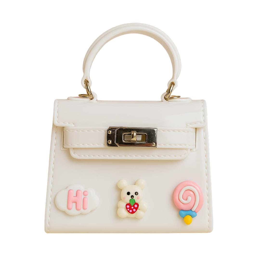 Ivory White Glossy Mini Purse for Kids – Cute Bear, Cloud & Lollipop Details with Chain Strap-image-32