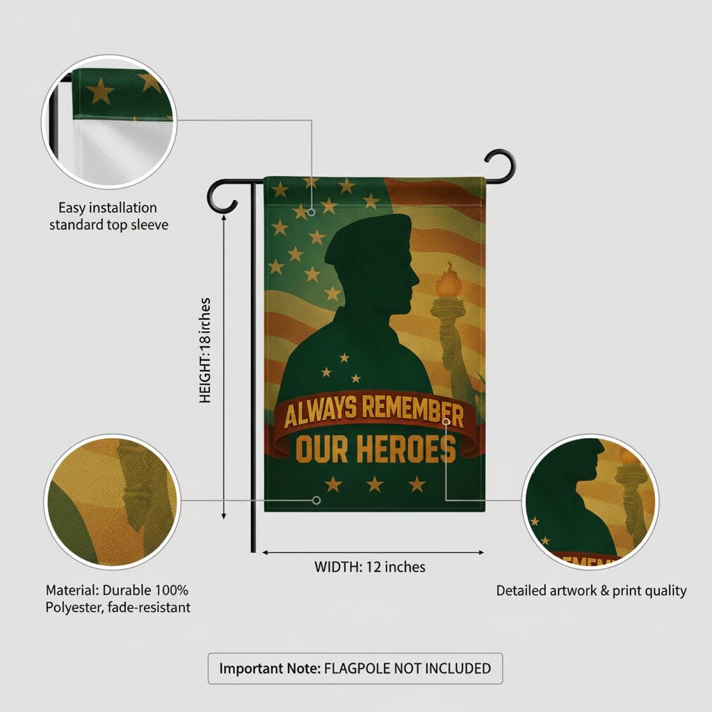 Army Veteran Soldier Silhouette Garden Flag, 12x18 Inch Double-Sided Liberty Torch Outdoor Memorial Decor, Veterans Day Patriot Day 9/11 US Military Tribute - Image 2
