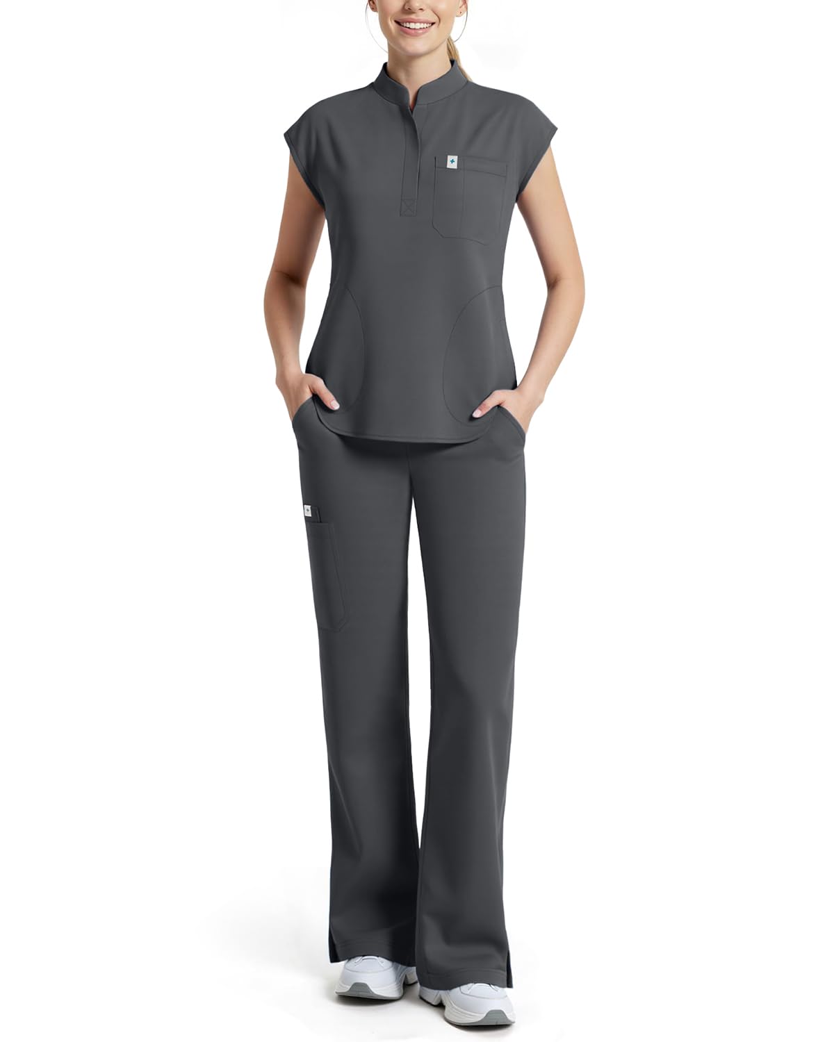 Scrubs for Women Set, Sleeveless Stand Collar Top & Straight Leg Cut Pant | Breathable Professional 11-Pocket Medical Uniform Scrub Set,Drawstring Yoga Waistband,Soft Stylish Shirttail Hem
