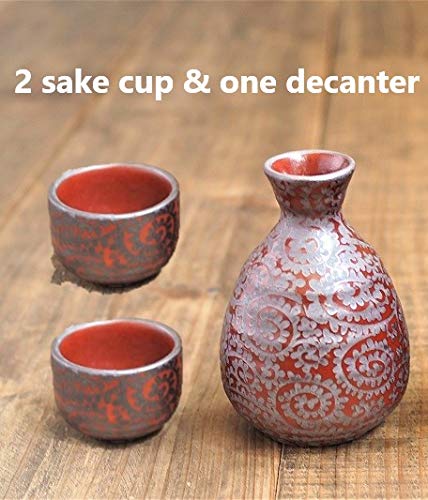 [Set of 3] Minorutouki Mino-yaki Japanese Sake 2 Cups & one Decanter Red 747246&747222