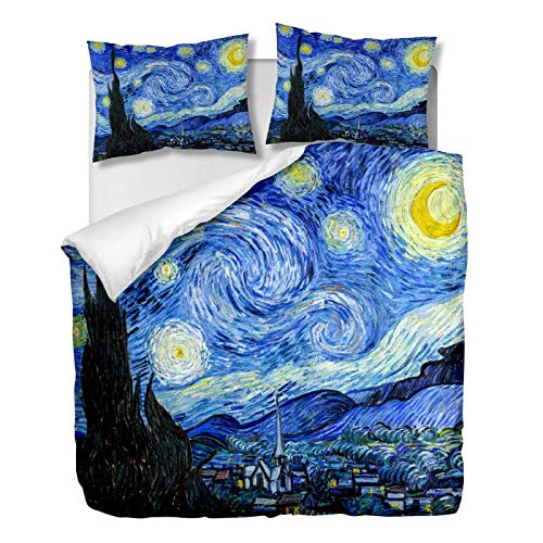 OliveSleep - Set copripiumino decorativo, motivo: dipinto classico “Notte stellata” di Van Gogh, per letto matrimoniale, 3 pezzi, con 2 federe (Multi 29, matrimoniale)