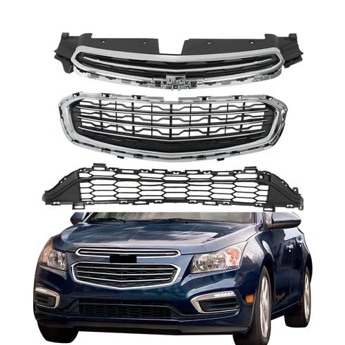 3Pcs Front Bumper Grille Fit For 2015 Chevy Cruze, Upper Center Lower Bumper ABS Black Grill Direct Replacement