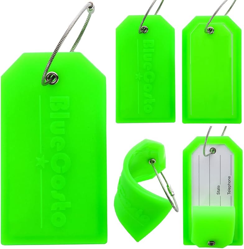 Etiquetas de equipaje - grandes, verdes, 5 piezas - Etiquetas de equipaje de PVC con pantalla de privacidad y presillas de alambre de acero inoxidable - Identificación de equipaje personalizada para viajes - Etiquetas de nombre para mochilas