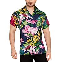 CLUB CUBANA Men's Regular Fit Classic Short Sleeve Casual Floral Hawaiian Shirt, Navy Blue 3, L