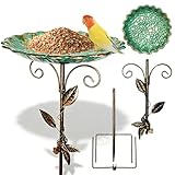 GOMETY Vogeltränke Stehend Garten Winterfest, Metall Vogelbad Frostsicher für Draußen, 2-in-1 Vogeltränke & Futterstation für Wildvögel, 77 cm Wassertränke für Vögel Draußen Grün