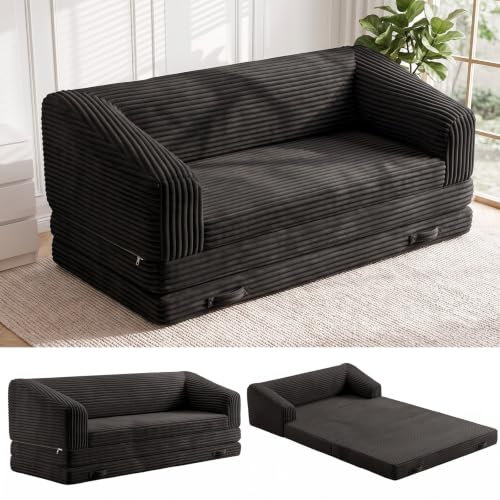 Image of JUIKURY Convertible Sofa Bed, 3-in-1 Foldable Loveseat Couch with Armrest, Corduroy Floor Sofa & Sleeper Bed, No Assembly High-Density Foam Futon Mattress for Living Room, Small Apartment, Dorm