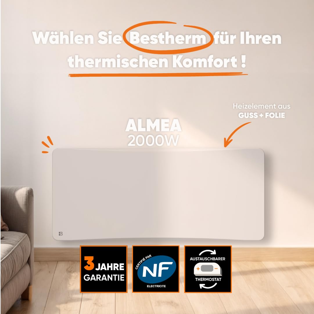 BESTHERM Bestherm Almea elektrischer Heizkörper, fester Wärmeträger, Gusseisen + Folie + Plug & Play, 2000 W, horizontal, weiß