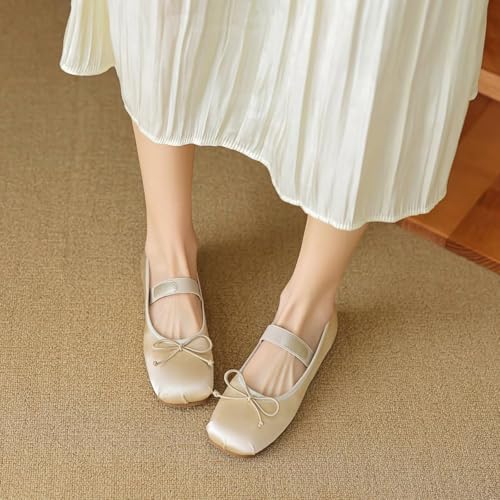 Satin Ballet Flats for Women Square Toe Comfy Flats Slip on Bowknot Shoes for Women Dressy Bow Shoes with Elastic Strap4