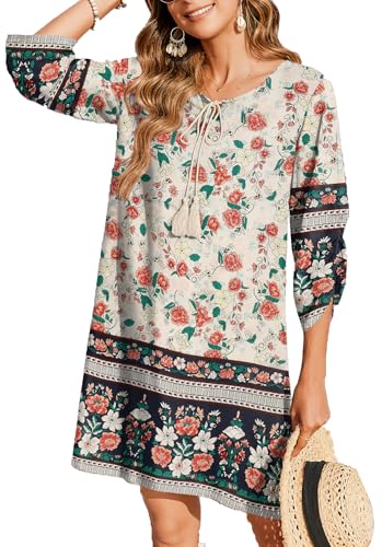 Image of Zeagoo Womens Boho Dresses Casual Beach Summer Dress Tassel Tie Neck 3 /4 Long Sleeve Mini Sundress 2026 Floral Print Cover Up