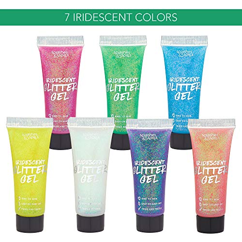 Iridescent Glitter Body Paint Gel - 7 Color Cosmetic Set 10 Ml Tubes Shimmer For Hair, Body, Face - Great For Dress Up, Festival, Costume Party, Halloween - By Splashes And Spills #TOP3