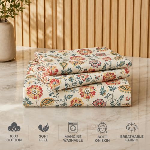 Image of Welspun Zen Microfiber Floral Double Bedsheet with 2 Pillow Covers | Percale Bed Sheet | Skin Safe, Breathable & Easy Care Bedding Set | Gift Set | Cream | 220 x 240 Cm