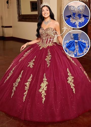 Gold Lace Appliques Quinceanera Dresses Puffy Strapless Tulle Prom Dresses Glitter Beaded Ball Gown with Bow4