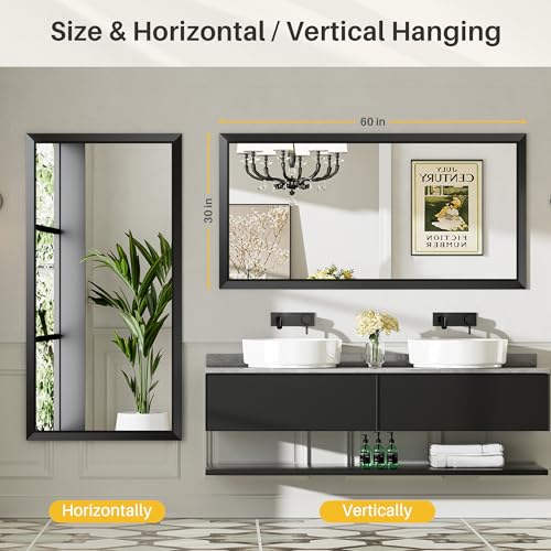 60x28 Inch Black Bathroom Mirror for Wall, Thick Metal Framed Rectangle Mirrors for Over Sink, Bedroom, Living Room, Entryway, Anti-Rust, HD Tempered Glass