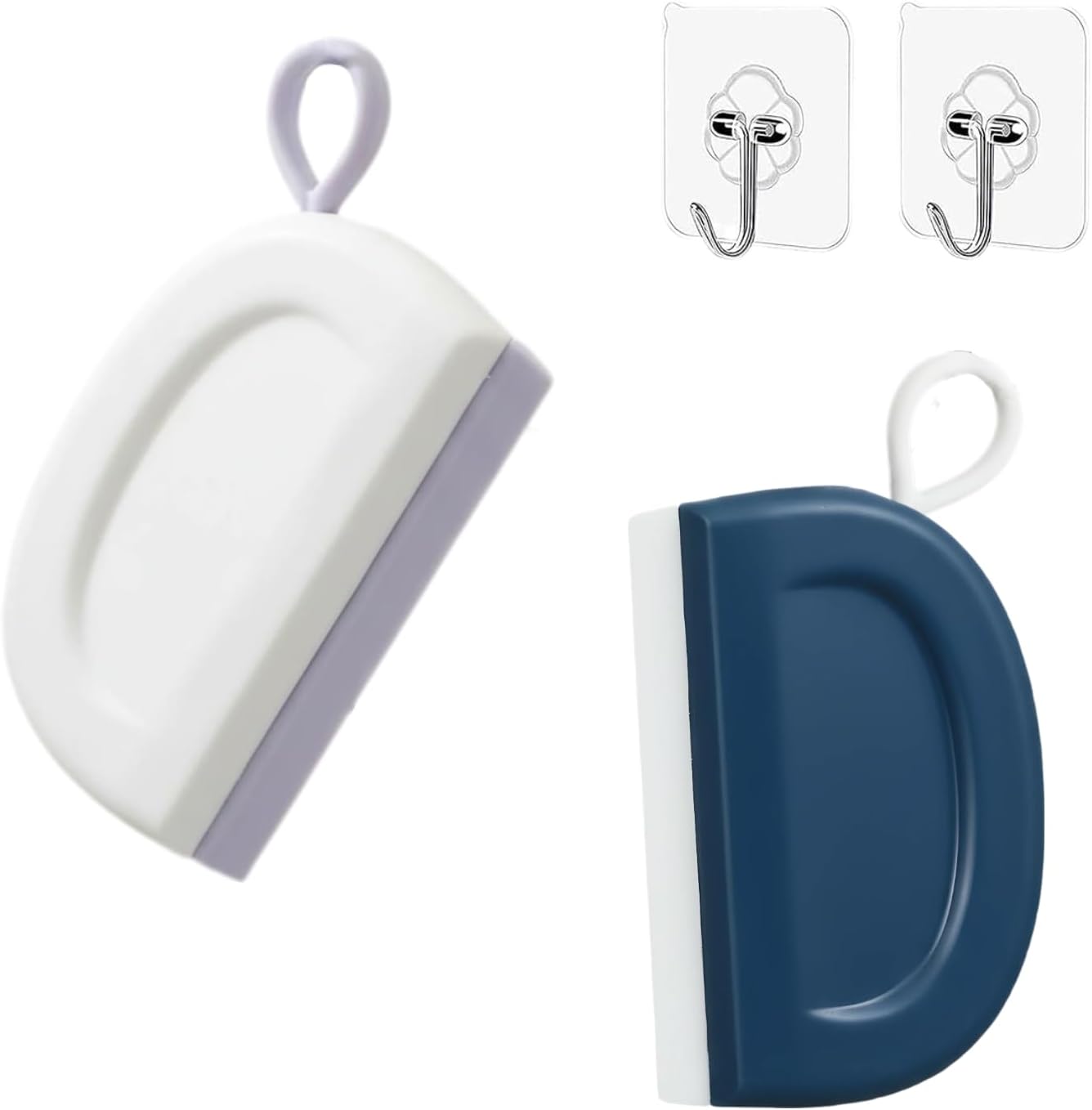 2 Pack 4.25 Inch Small Squeegee, All-Purpose Shower Mirror Squeegee with 2 Adhesive Hooks, Streak-Free Silicone Blade for Bathroom Mirror Kitchen Car RV, Blue & White